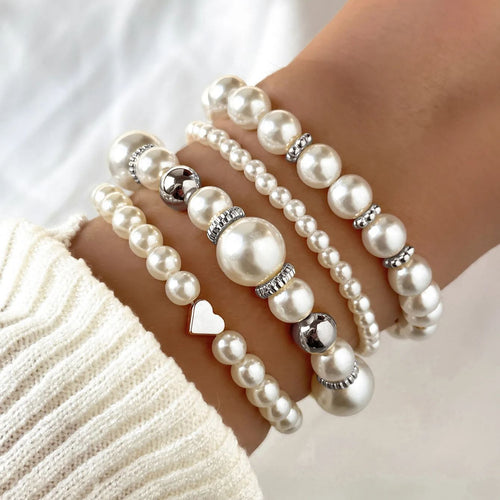 3-Color Boho Pearl & Heart Beaded Bracelet Set