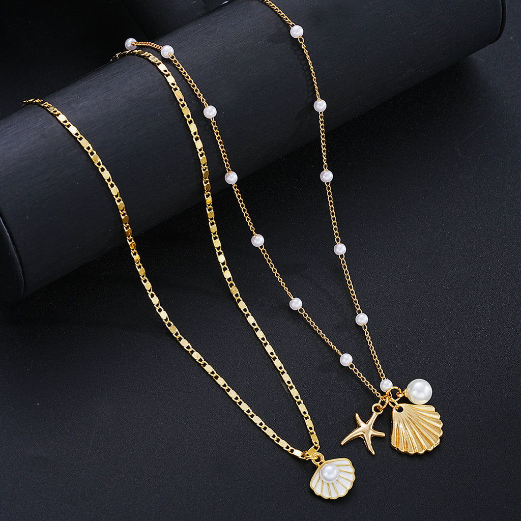 Layered Pearl Seashell Charm Necklace