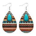 Aztec Pattern Wood and Turquoise Drop Earrings