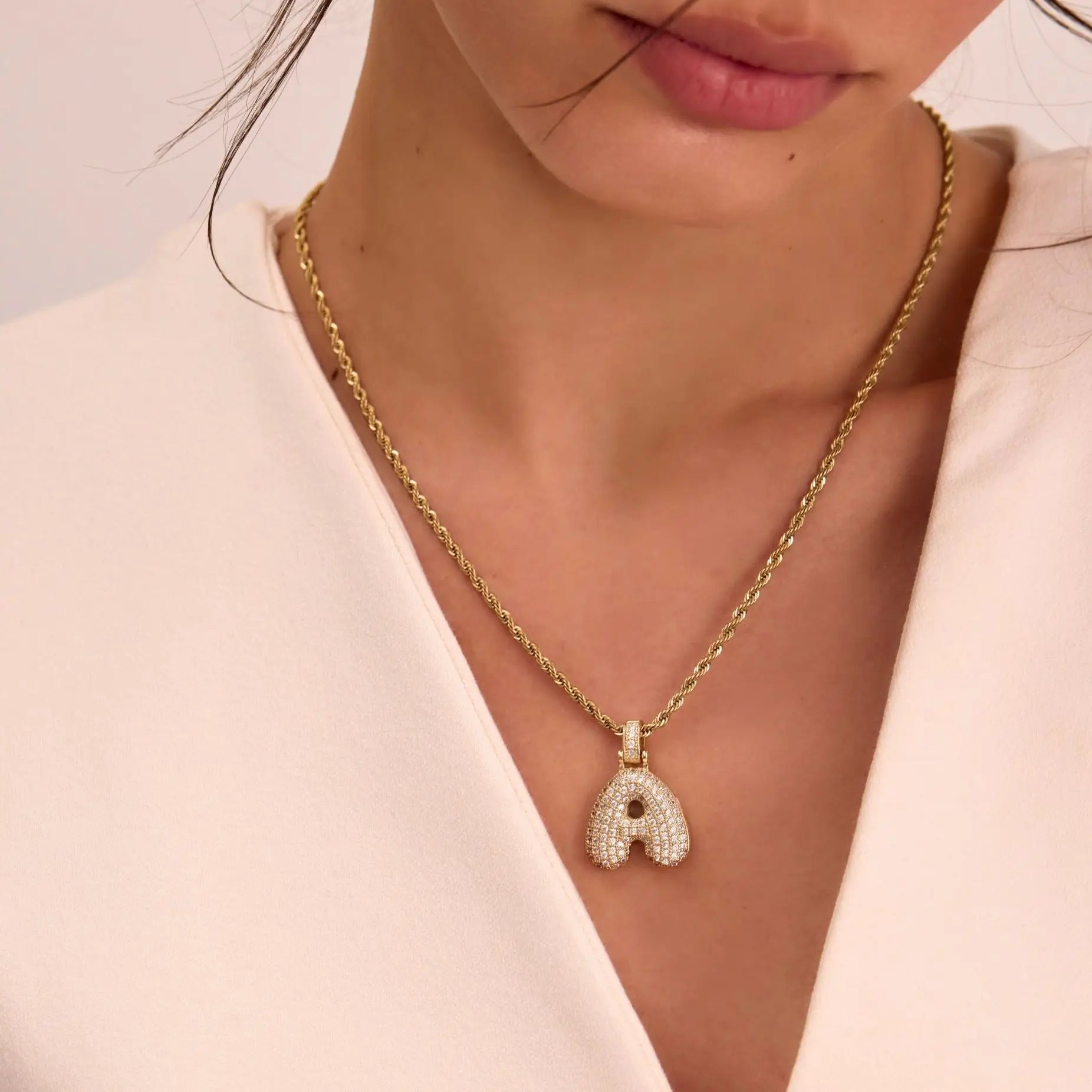 Pave Bubble Letter Initial Necklace